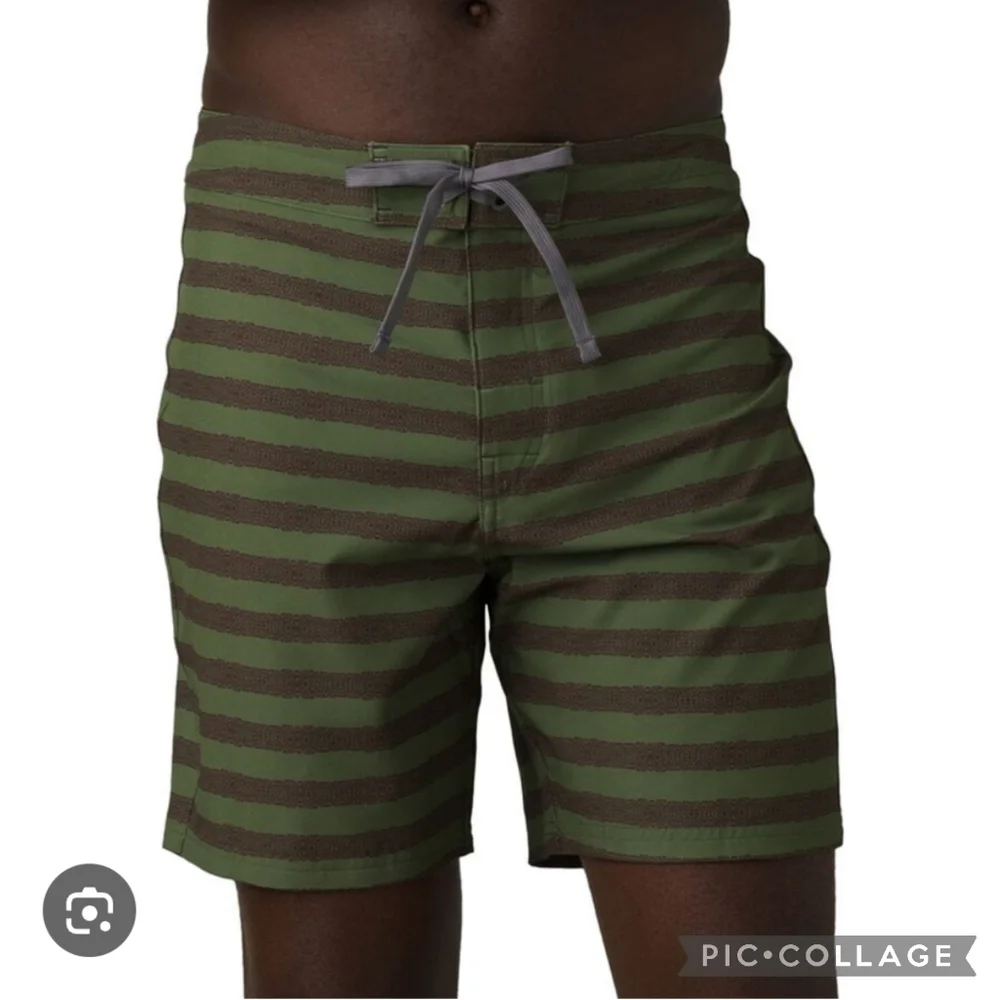 Prana Riveter Board Shorts Algae Stripe Swimming Bathing Suit Trunks Size 28